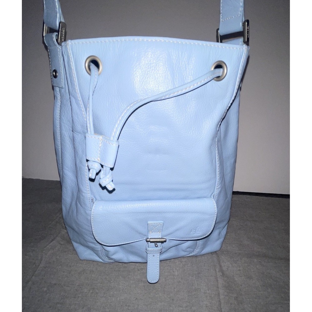 Lauren Ralph Lauren Sky Blue Pebbled Leather‎ Bucket Drawstring Bag